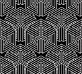 Regular contrast endless pattern with intertwine three-dimensional figures, continuous illusory geometric background.