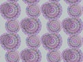 Regular delicate concentric floral ornaments lilac, pink and light blue on light gray vertically