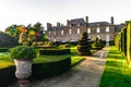 Regular garden in little french castle, sunset time