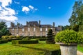 Regular garden in little french castle, sunset time