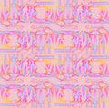 Regular intricate ornamental pattern pink violet orange yellow light blue horizontally