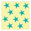 Regular pattern or texture of blue starfish over yellow background, vector or color illustration