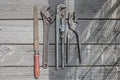 Regular plumbing tool kit, adjustable wrench, file and pliers Royalty Free Stock Photo