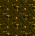 Regular seamless dark brown pattern with wavy lines and concentric circles olive green and orange diagonally Royalty Free Stock Photo