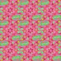Regular seamless intricate pattern pink red violet and light green