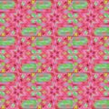 Regular seamless intricate pattern pink red violet and light green