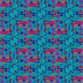 Regular seamless intricate pattern turquoise purple violet and blue