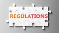 Regulations complex like a puzzle - pictured as word Regulations on a puzzle pieces to show that Regulations can be difficult and