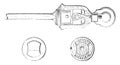 Regulator Grignon, horizontal section; At end view of the age head; cross section of the box, vintage engraving