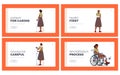 Rehab after Accident Landing Page Template Set. Woman with Fracture. Black Female Characters with Broken Legs and Arms