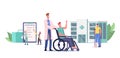 Rehabilitation Concept. Doctor Push Wheelchair with Injured Character with Bandaged Leg, Patient with Broken Limb