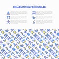 Rehabilitation for disabled concept with thin line icons: magnetic therapy, laser, massage, lymphatic drainage, cryotherapy, Royalty Free Stock Photo