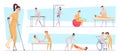 Rehabilitation. Disabled people medical treatment and physiotherapy exact vector illustration in cartoon style