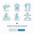 Rehabilitation for disabled thin line icons set: laser therapy, passive joint therapy, physiotherapy, cryotherapy, biomechatronics