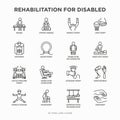 Rehabilitation for disabled thin line icons set: magnetic therapy, laser, massage, lymphatic drainage, exoskeleton, cryotherapy,