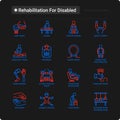 Rehabilitation for disabled thin line icons set: magnetic therapy, laser, massage, lymphatic drainage, exoskeleton, cryotherapy, Royalty Free Stock Photo