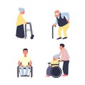 Rehabilitation after injury vector flat set. Old woman with walker, male senior with cane. Man on wheelchair. Royalty Free Stock Photo