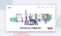 Rehabilitation Landing Page Template. Doctor Push Wheelchair with Character with Bandaged Leg, Patient with Broken Limb