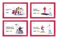 Rehabilitation Landing Page Template Set. Tiny Characters at Huge Medic Things. Rehab Clinic, Patients Exercising, Sport