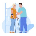 Rehabilitation procedure woman patient with crutches exercising male doctor vector flat illustration