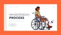 Rehabilitation Process Landing Page Template. Unhappy Black Woman with Leg Fracture Sitting on Wheelchair