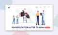 Rehabilitation after Trauma Landing Page Template. Orthopedics Healthcare. Orthopedist Doctor Character with Leg Bandage