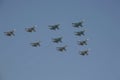 Rehearsal of the Victory Day celebration. The airshow on the Red Square. Group of supersonic planes Ã¢â¬â Su-34 Fullback bombers, Su Royalty Free Stock Photo