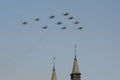 Rehearsal of the Victory Day celebration. The airshow on the Red Square. Group of supersonic planes  Su-34 Fullback bombers, Su- Royalty Free Stock Photo