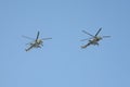 Rehearsal of the Victory Day celebration WWII. The airshow on the Red Square.  group of Mil Mi-24 Hind attack and landing heli Royalty Free Stock Photo