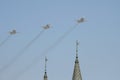 Rehearsal of the Victory Day celebration WWII. The airshow on the Red Square. Group of Sukhoi Su-24 Fencer is a supersonic, al Royalty Free Stock Photo