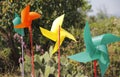 Yellow, green and red pinwheels,or rehilete, in mexico city. II