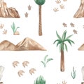 Watercolor seamless pattern with prehistoric world of dinosaurs, mountains, volcanoes, trees, palms, tropical plants