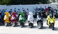 Rehoboth Beach, Delaware, U.S - August 12, 2023 - Colorful scooters parked on the street