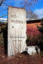 Reichenbach-im-Vogtland, Germany - March 10, 2023: Piece of Berlin Wall with words Never again in town of Reichenbach