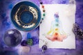 Reiki Healing chakra background, with watercolor painting and healing stones. Yoga, meditation concept. Royalty Free Stock Photo