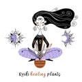 Reiki healing plants. The girl conducts a Reiki healing session for the flower. Logo. Vector