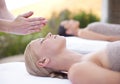 Reiki, relax and face of woman at spa for health, wellness and peace, luxury skincare treatment. Holistic massage