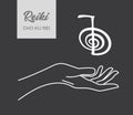 Reiki symbol. A sacred sign CHO KU REI. A hand holds Reiki CHO KU REI sign on a black background. Alternative medicine.