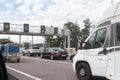 Reims Ã¢â¬â France, August 18, 2019 : Cars and campers waiting at the tollbooth