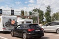 Reims Ã¢â¬â France, August 18, 2019 : Cars and campers waiting at the tollbooth Royalty Free Stock Photo