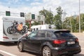 Reims Ã¢â¬â France, August 18, 2019 : Cars and campers waiting at the tollbooth