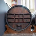 Oak barrel at the hall of wine estate and historic headquarters of French Champagne producer Vranken-Pommery in Reims