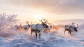 Reindeer against the backdrop of a tundra landscape. AI generated