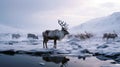 Reindeer against the backdrop of a tundra landscape. AI generated