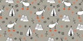 Reindeer. An animal with horns. Illustration in folk style. Stylized mountains. Scandinavian print. Seamless pattern for kids