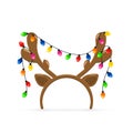 Reindeer antlers with Christmas lights on white background Royalty Free Stock Photo