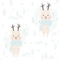 Reindeer baby winter seamless pattern. Cute animal in warm scarf Christmas background. Royalty Free Stock Photo