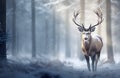 Reindeer with beautiful antler walking on a dirt path through a pine forest