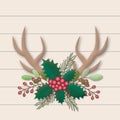 Reindeer and bouquet of leaves green holly with red berries on isolated background. Merry Christmas with xmas ornament elements. Royalty Free Stock Photo