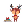 Reindeer boy Christmas character. Cute sweet little deer with Xmas garland on horns